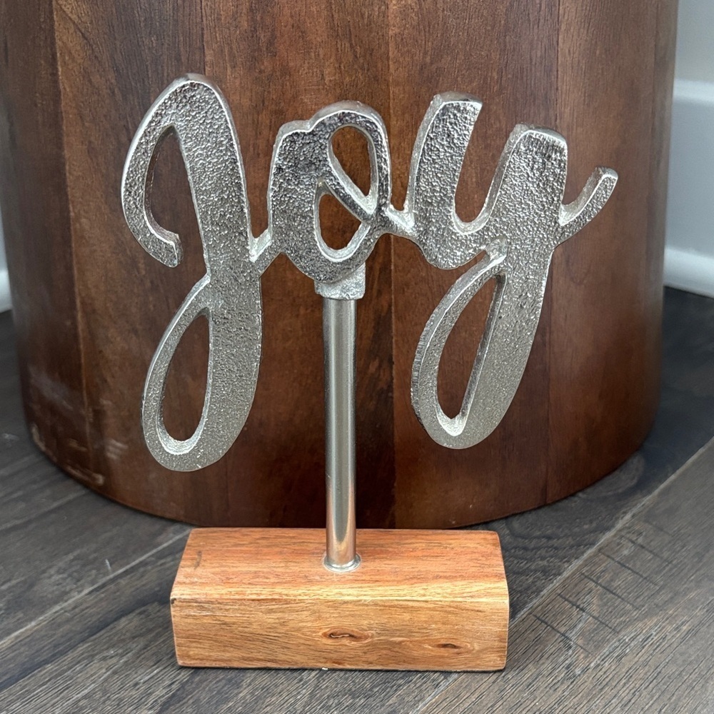 Polished Textured Silvertone Metal Script Joy sign on wood stand/base,tabletop